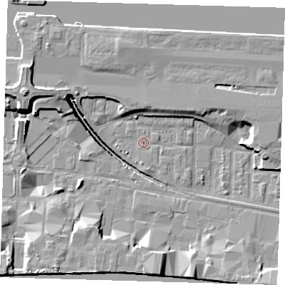 Shaded relief map of the ground around E162DF, computed from Environment Agency LiDAR. The ground here sits at about 2 m above sea level and falls 14 m across the surrounding 800 m. Surface water reaching this point runs off ground lying to the west-south-west, 1.4 m higher.