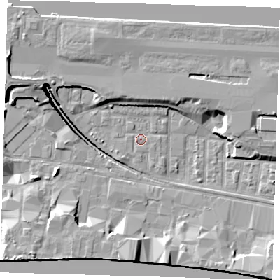 Shaded relief map of the ground around E162DG, computed from Environment Agency LiDAR. The ground here sits at about 2 m above sea level and falls 13 m across the surrounding 800 m. Surface water reaching this point runs off ground lying to the south-west, 1.8 m higher.