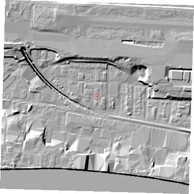 Shaded relief map of the ground around E162DH, computed from Environment Agency LiDAR. The ground here sits at about 2 m above sea level and falls 12 m across the surrounding 800 m. Surface water reaching this point runs off ground lying to the south-south-east, 1.1 m higher.
