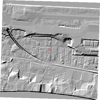 Shaded relief map of the ground around E162DJ, computed from Environment Agency LiDAR. The ground here sits at about 2 m above sea level and falls 12 m across the surrounding 800 m. Surface water reaching this point runs off ground lying to the south, 1.1 m higher.