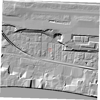 Shaded relief map of the ground around E162DN, computed from Environment Agency LiDAR. The ground here sits at about 1 m above sea level and falls 12 m across the surrounding 800 m. Surface water reaching this point runs off ground lying to the east-north-east, 4.7 m higher.