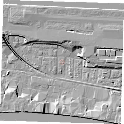 Shaded relief map of the ground around E162DP, computed from Environment Agency LiDAR. The ground here sits at about 1 m above sea level and falls 13 m across the surrounding 800 m. Surface water reaching this point runs off ground lying to the east-north-east, 4.7 m higher.