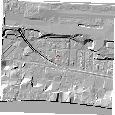 Shaded relief map of the ground around E162DQ, computed from Environment Agency LiDAR. The ground here sits at about 2 m above sea level and falls 14 m across the surrounding 800 m. Surface water reaching this point runs off ground lying to the west-south-west, 1.2 m higher.
