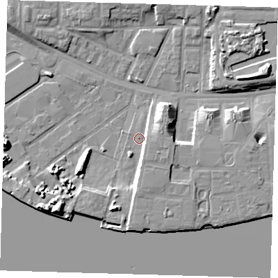 Shaded relief map of the ground around E162DR, computed from Environment Agency LiDAR. The ground here sits at about 2 m above sea level and falls 11 m across the surrounding 800 m. Surface water reaching this point runs off ground lying to the south-east, 4.6 m higher.