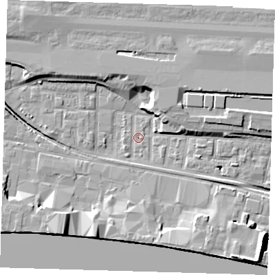 Shaded relief map of the ground around E162DS, computed from Environment Agency LiDAR. The ground here sits at about 1 m above sea level and falls 13 m across the surrounding 800 m. Surface water reaching this point runs off ground lying to the north-east, 4.7 m higher.