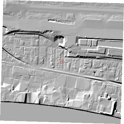 Shaded relief map of the ground around E162DT, computed from Environment Agency LiDAR. The ground here sits at about 2 m above sea level and falls 12 m across the surrounding 800 m. Surface water reaching this point runs off ground lying to the north-east, 4.6 m higher.