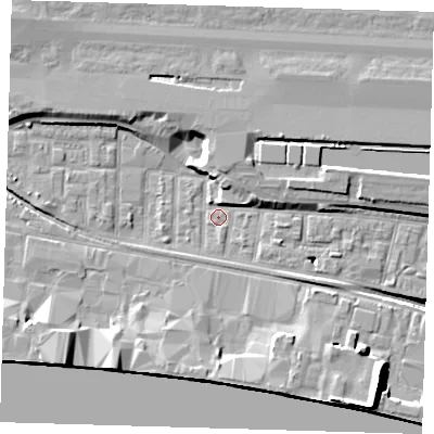 Shaded relief map of the ground around E162DU, computed from Environment Agency LiDAR. The ground here sits at about 2 m above sea level and falls 13 m across the surrounding 800 m. Surface water reaching this point runs off ground lying to the north-north-east, 4.6 m higher.