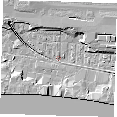 Shaded relief map of the ground around E162DW, computed from Environment Agency LiDAR. The ground here sits at about 2 m above sea level and falls 12 m across the surrounding 800 m. Surface water reaching this point runs off ground lying to the south-east, 5.1 m higher.