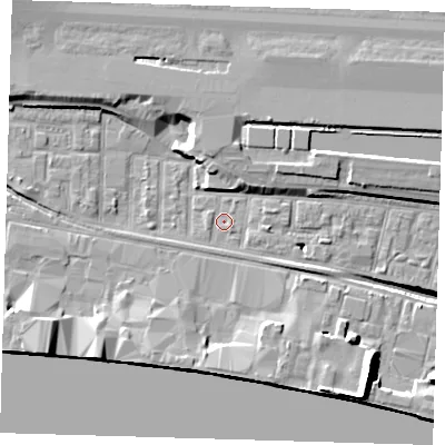Shaded relief map of the ground around E162DX, computed from Environment Agency LiDAR. The ground here sits at about 2 m above sea level and falls 15 m across the surrounding 800 m. Surface water reaching this point runs off ground lying to the north, 4.2 m higher.