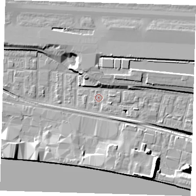 Shaded relief map of the ground around E162DZ, computed from Environment Agency LiDAR. The ground here sits at about 2 m above sea level and falls 17 m across the surrounding 800 m. Surface water reaching this point runs off ground lying to the north, 4.1 m higher.