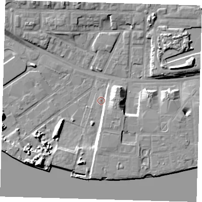 Shaded relief map of the ground around E162EA, computed from Environment Agency LiDAR. The ground here sits at about 2 m above sea level and falls 11 m across the surrounding 800 m. Surface water reaching this point runs off ground lying to the south-south-east, 3.4 m higher.
