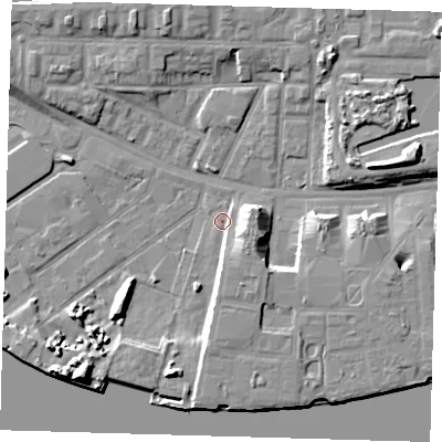Shaded relief map of the ground around E162EB, computed from Environment Agency LiDAR. The ground here sits at about 2 m above sea level and falls 11 m across the surrounding 800 m. Surface water reaching this point runs off ground lying to the south-south-east, 4.0 m higher.