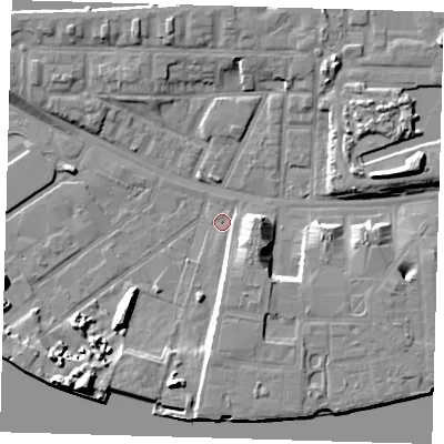 Shaded relief map of the ground around E162ED, computed from Environment Agency LiDAR. The ground here sits at about 2 m above sea level and falls 11 m across the surrounding 800 m. Surface water reaching this point runs off ground lying to the south, 0.8 m higher.
