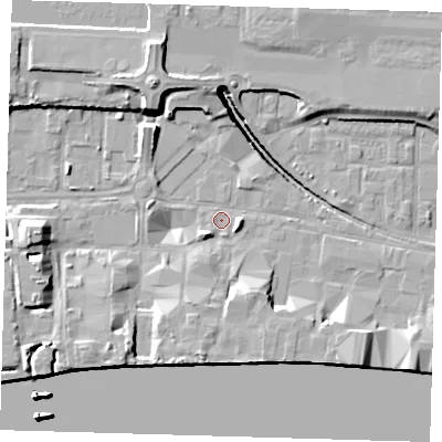 Shaded relief map of the ground around E162EE, computed from Environment Agency LiDAR. The ground here sits at about 2 m above sea level and falls 17 m across the surrounding 800 m. Surface water reaching this point runs off ground lying to the south-east, 5.3 m higher.