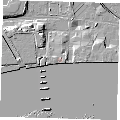 Shaded relief map of the ground around E162EQ, computed from Environment Agency LiDAR. The ground here sits at about 6 m above sea level and falls 27 m across the surrounding 800 m. Surface water reaching this point runs off ground lying to the west, 1.4 m higher.