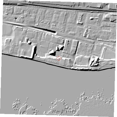 Shaded relief map of the ground around E162ES, computed from Environment Agency LiDAR. The ground here sits at about 4 m above sea level and falls 17 m across the surrounding 800 m. Surface water reaching this point runs off ground lying to the north-west, 9.7 m higher.