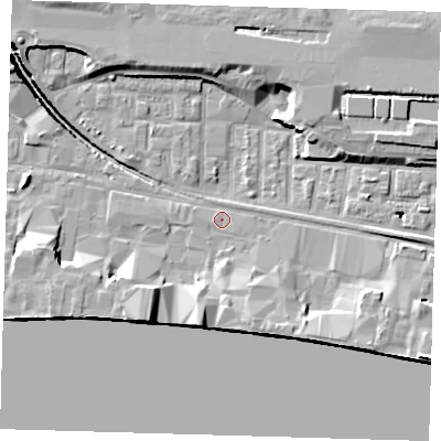 Shaded relief map of the ground around E162EW, computed from Environment Agency LiDAR. The ground here sits at about 2 m above sea level and falls 13 m across the surrounding 800 m. Surface water reaching this point runs off ground lying to the south-east, 4.5 m higher.