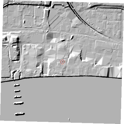 Shaded relief map of the ground around E162EZ, computed from Environment Agency LiDAR. The ground here sits at about 5 m above sea level and falls 29 m across the surrounding 800 m. Surface water reaching this point runs off ground lying to the south, 1.2 m higher.