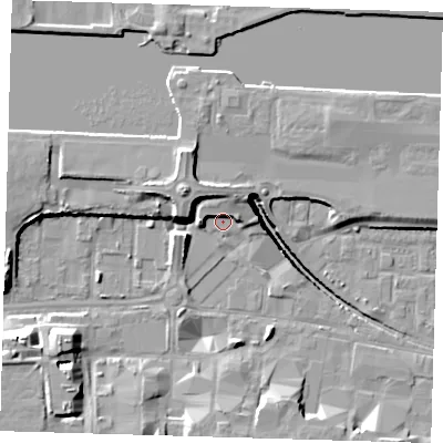 Shaded relief map of the ground around E162FA, computed from Environment Agency LiDAR. The ground here sits at about 2 m above sea level and falls 14 m across the surrounding 800 m. Surface water reaching this point runs off ground lying to the east, 3.2 m higher.