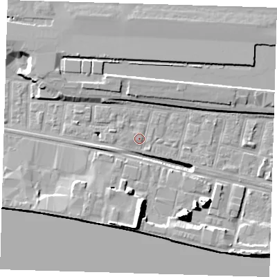 Shaded relief map of the ground around E162FB, computed from Environment Agency LiDAR. The ground here sits at about 2 m above sea level and falls 17 m across the surrounding 800 m. Surface water reaching this point runs off ground lying to the north-west, 0.9 m higher.