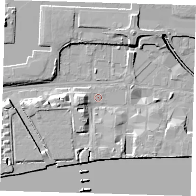 Shaded relief map of the ground around E162FN, computed from Environment Agency LiDAR. The ground here sits at about 2 m above sea level and falls 25 m across the surrounding 800 m. Surface water reaching this point runs off ground lying to the west, 6.0 m higher.