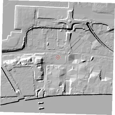Shaded relief map of the ground around E162FR, computed from Environment Agency LiDAR. The ground here sits at about 2 m above sea level and falls 17 m across the surrounding 800 m. Surface water reaching this point runs off ground lying to the north-north-east, 9.9 m higher.