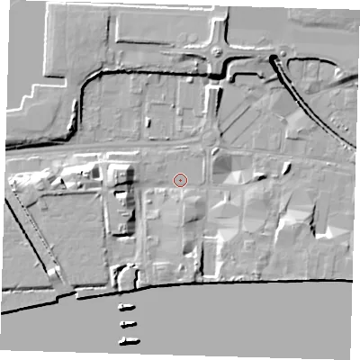 Shaded relief map of the ground around E162FT, computed from Environment Agency LiDAR. The ground here sits at about 2 m above sea level and falls 25 m across the surrounding 800 m. Surface water reaching this point runs off ground lying to the north-north-east, 9.9 m higher.