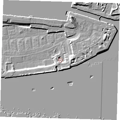 Shaded relief map of the ground around E162GE, computed from Environment Agency LiDAR. The ground here sits at about 2 m above sea level and falls 13 m across the surrounding 800 m. Surface water reaching this point runs off ground lying to the east, 7.0 m higher.