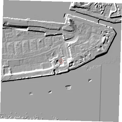 Shaded relief map of the ground around E162GF, computed from Environment Agency LiDAR. The ground here sits at about 2 m above sea level and falls 13 m across the surrounding 800 m. Surface water reaching this point runs off ground lying to the east, 7.0 m higher.