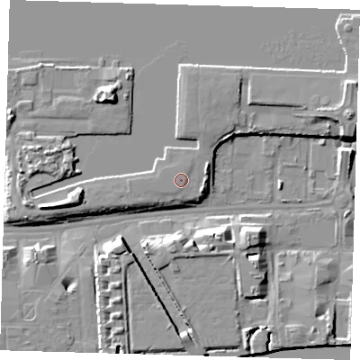 Shaded relief map of the ground around E162GL, computed from Environment Agency LiDAR. The ground here sits at about 6 m above sea level and falls 10 m across the surrounding 800 m. Surface water reaching this point runs off ground lying to the north-north-east, 0.7 m higher.
