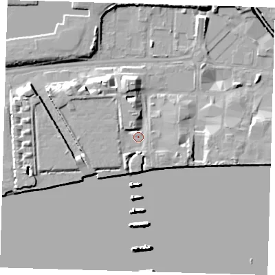 Shaded relief map of the ground around E162GP, computed from Environment Agency LiDAR. The ground here sits at about 6 m above sea level and falls 28 m across the surrounding 800 m. Surface water reaching this point runs off ground lying to the north-north-west, 3.5 m higher.
