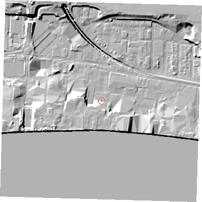 Shaded relief map of the ground around E162HB, computed from Environment Agency LiDAR. The ground here sits at about 2 m above sea level and falls 14 m across the surrounding 800 m. Surface water reaching this point runs off ground lying to the south-south-west, 3.2 m higher.