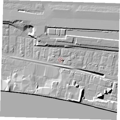 Shaded relief map of the ground around E162HL, computed from Environment Agency LiDAR. The ground here sits at about 2 m above sea level and falls 17 m across the surrounding 800 m. Surface water reaching this point runs off ground lying to the south-east, 3.1 m higher.
