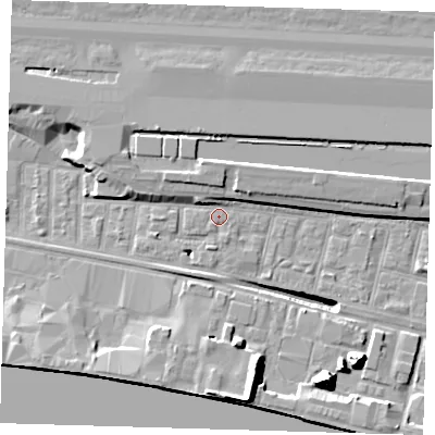 Shaded relief map of the ground around E162HN, computed from Environment Agency LiDAR. The ground here sits at about 2 m above sea level and falls 17 m across the surrounding 800 m. Surface water reaching this point runs off ground lying to the north-west, 3.7 m higher.