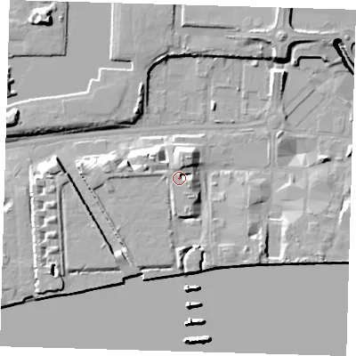 Shaded relief map of the ground around E162HP, computed from Environment Agency LiDAR. The ground here sits at about 7 m above sea level and falls 25 m across the surrounding 800 m. Surface water reaching this point runs off ground lying to the south-east, 2.1 m higher.