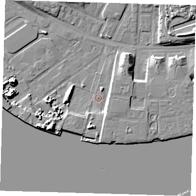 Shaded relief map of the ground around E162HS, computed from Environment Agency LiDAR. The ground here sits at about 2 m above sea level and falls 11 m across the surrounding 800 m. Surface water reaching this point runs off ground lying to the east-north-east, 4.9 m higher.