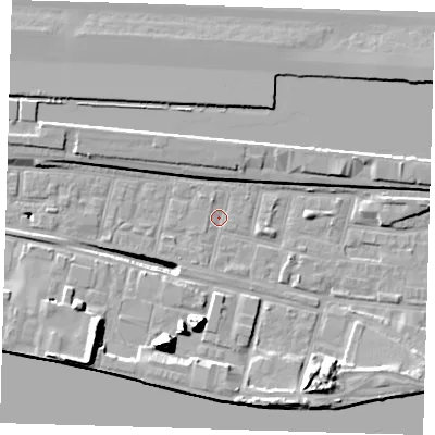 Shaded relief map of the ground around E162HZ, computed from Environment Agency LiDAR. The ground here sits at about 1 m above sea level and falls 17 m across the surrounding 800 m. Surface water reaching this point runs off ground lying to the north-north-west, 1.3 m higher.