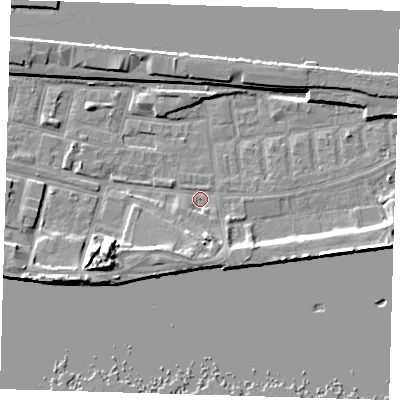 Shaded relief map of the ground around E162JD, computed from Environment Agency LiDAR. The ground here sits at about 1 m above sea level and falls 11 m across the surrounding 800 m. Surface water reaching this point runs off ground lying to the south-south-west, 4.0 m higher.