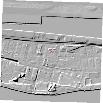 Shaded relief map of the ground around E162JE, computed from Environment Agency LiDAR. The ground here sits at about 1 m above sea level and falls 17 m across the surrounding 800 m. Surface water reaching this point runs off ground lying to the south-west, 11.8 m higher.