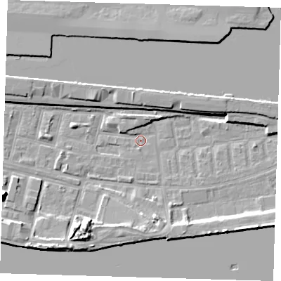Shaded relief map of the ground around E162JF, computed from Environment Agency LiDAR. The ground here sits at about 1 m above sea level and falls 14 m across the surrounding 800 m. Surface water reaching this point runs off ground lying to the south-west, 7.4 m higher.