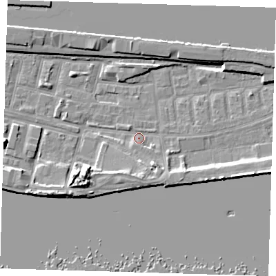 Shaded relief map of the ground around E162JG, computed from Environment Agency LiDAR. The ground here sits at about 2 m above sea level and falls 14 m across the surrounding 800 m. Surface water reaching this point runs off ground lying to the south, 4.3 m higher.