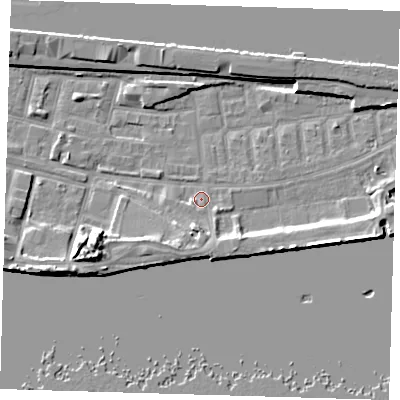 Shaded relief map of the ground around E162JJ, computed from Environment Agency LiDAR. The ground here sits at about 2 m above sea level and falls 11 m across the surrounding 800 m. Surface water reaching this point runs off ground lying to the south-south-west, 3.9 m higher.