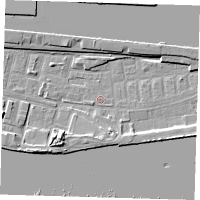 Shaded relief map of the ground around E162JL, computed from Environment Agency LiDAR. The ground here sits at about 1 m above sea level and falls 14 m across the surrounding 800 m. Surface water reaching this point runs off ground lying to the south, 4.1 m higher.