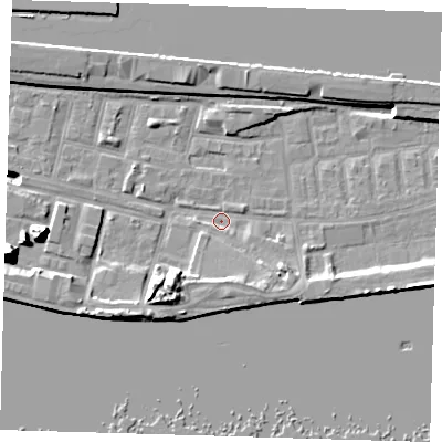 Shaded relief map of the ground around E162JS, computed from Environment Agency LiDAR. The ground here sits at about 1 m above sea level and falls 17 m across the surrounding 800 m. Surface water reaching this point runs off ground lying to the south-south-east, 4.2 m higher.