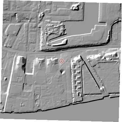 Shaded relief map of the ground around E162JW, computed from Environment Agency LiDAR. The ground here sits at about 3 m above sea level and falls 10 m across the surrounding 800 m. Surface water reaching this point runs off ground lying to the west-south-west, 3.7 m higher.