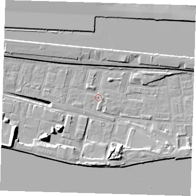 Shaded relief map of the ground around E162JY, computed from Environment Agency LiDAR. The ground here sits at about 1 m above sea level and falls 17 m across the surrounding 800 m. Surface water reaching this point runs off ground lying to the south-west, 17.0 m higher.