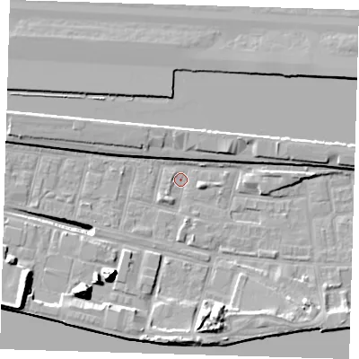 Shaded relief map of the ground around E162LD, computed from Environment Agency LiDAR. The ground here sits at about 1 m above sea level and falls 17 m across the surrounding 800 m. Surface water reaching this point runs off ground lying to the south-west, 17.0 m higher.