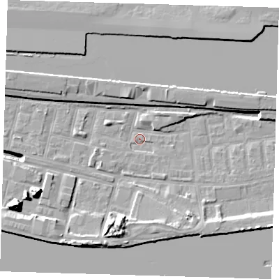Shaded relief map of the ground around E162LF, computed from Environment Agency LiDAR. The ground here sits at about 1 m above sea level and falls 17 m across the surrounding 800 m. Surface water reaching this point runs off ground lying to the west-south-west, 11.8 m higher.