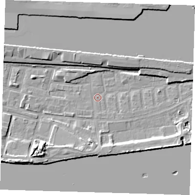 Shaded relief map of the ground around E162LH, computed from Environment Agency LiDAR. The ground here sits at about 1 m above sea level and falls 11 m across the surrounding 800 m. Surface water reaching this point runs off ground lying to the east-south-east, 5.2 m higher.