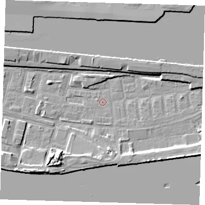 Shaded relief map of the ground around E162LJ, computed from Environment Agency LiDAR. The ground here sits at about 1 m above sea level and falls 11 m across the surrounding 800 m. Surface water reaching this point runs off ground lying to the north-east, 9.3 m higher.